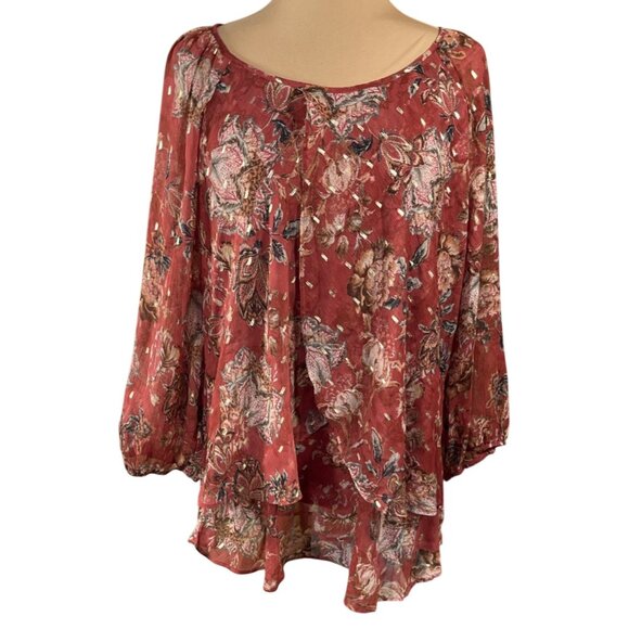 New Tamara H Blouse Top Size 1X Rust Floral Round Neck Women's - Picture 1 of 8